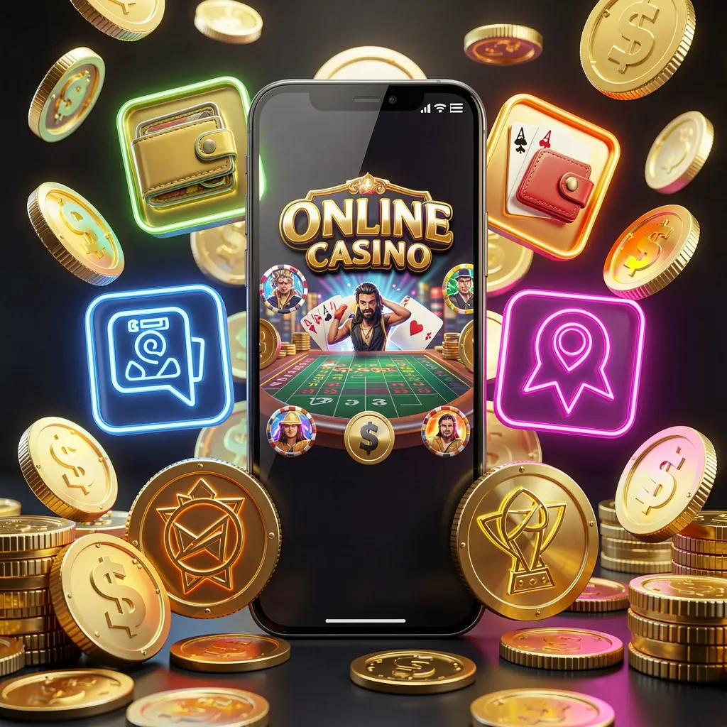 BKBD online casino app features displayed on a smartphone surrounded by icons for wallet, games, support, and rewards with golden coins and neon lights in a luxury 3D render