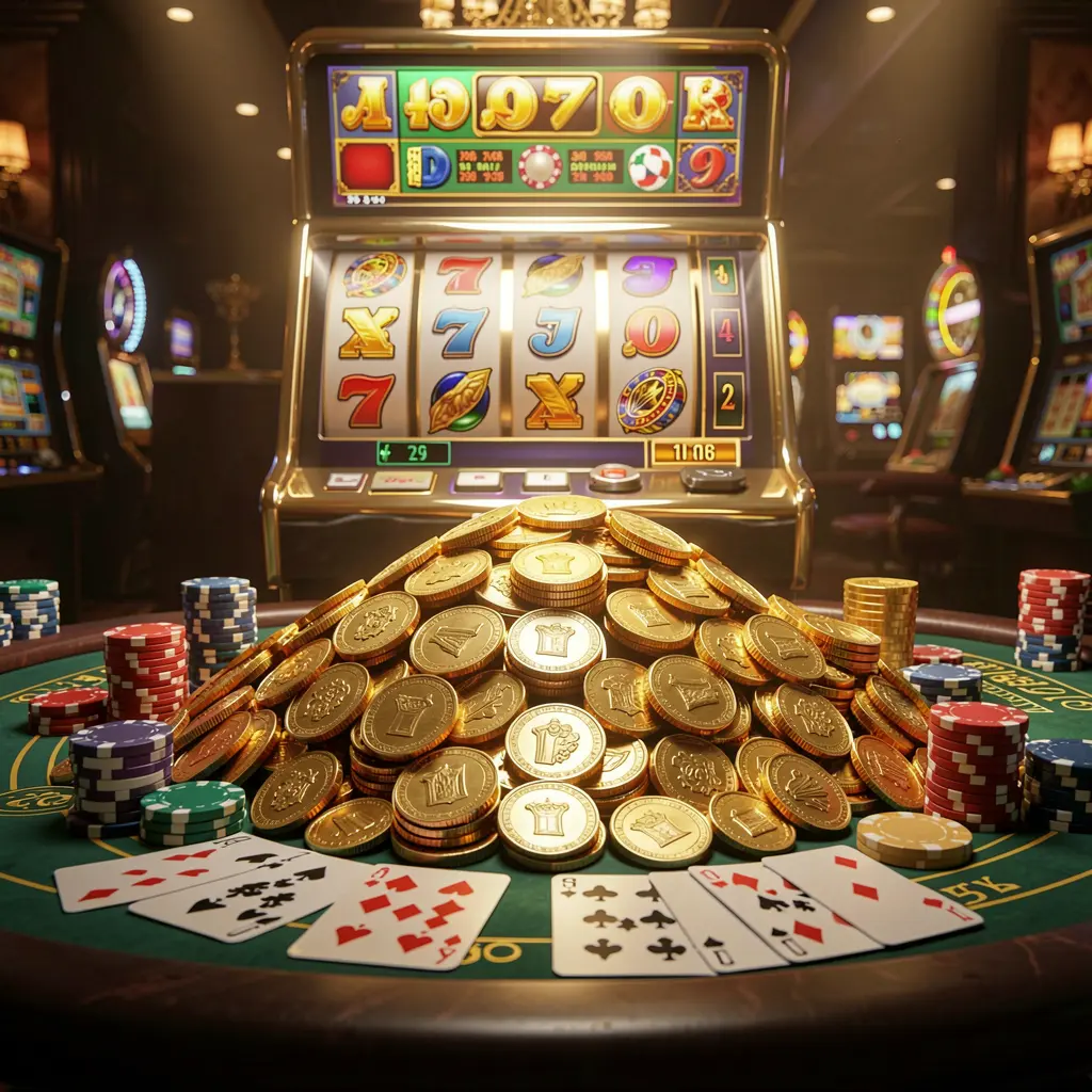 BKBD online casino jackpot bonus scene with a massive pile of golden coins, a slot machine in the background, glowing jackpot lights, poker chips and playing cards on a luxury table under dramatic cinematic lighting