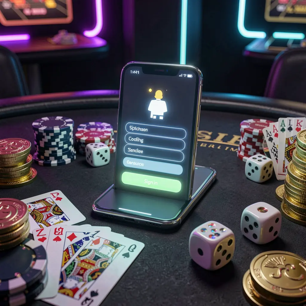 BKBD casino account sign in scene with a glowing smartphone on a casino table surrounded by cards, chips, dice, and gold coins, set against an elegant dark background with neon highlights in a realistic 3D render