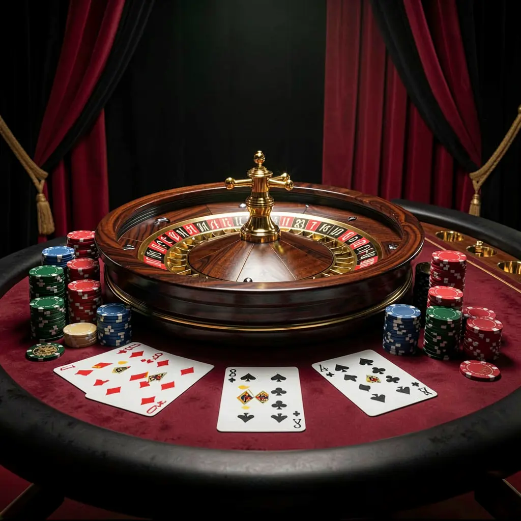 Elegant online casino gaming table featuring roulette, blackjack cards, poker chips, and coins with luxury cinematic lighting on a black and red background, showcasing BKBD's premium gaming experience