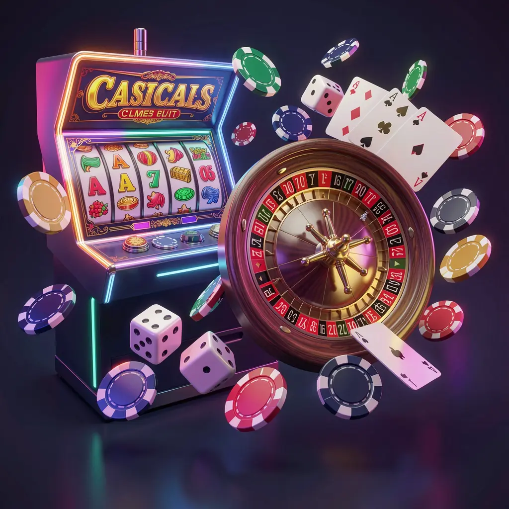 BKBD casino games collection homepage visual featuring a slot machine, roulette wheel, dice, playing cards, and poker chips floating together with colorful neon lights in a premium 3D render